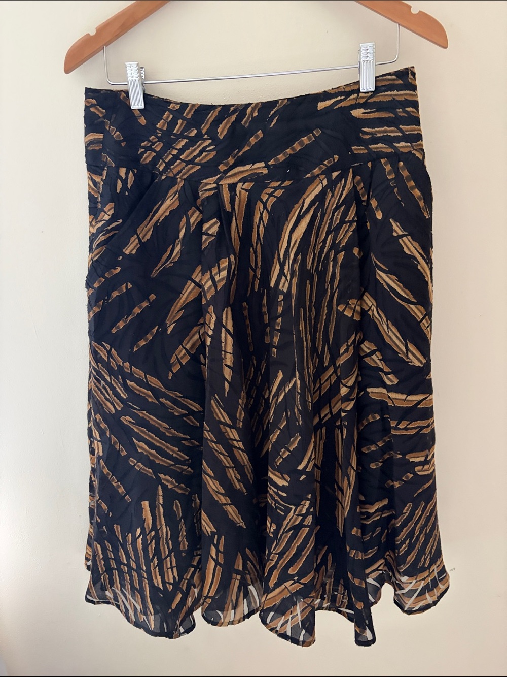 Black & Brown Patterned A-Line linen blend Skirt w pockets